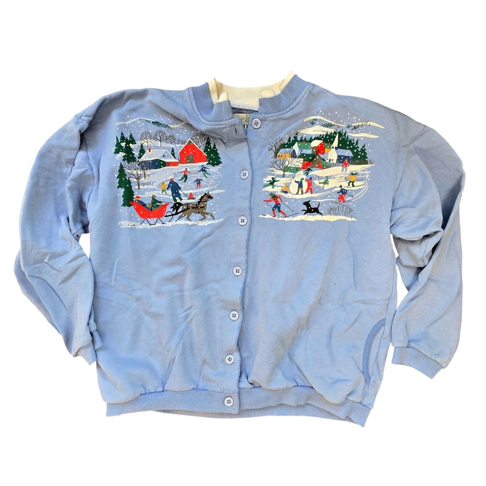 Orvis Vintage Womens Winter Scene Button Front Cardigan Sweatshirt Blue Large